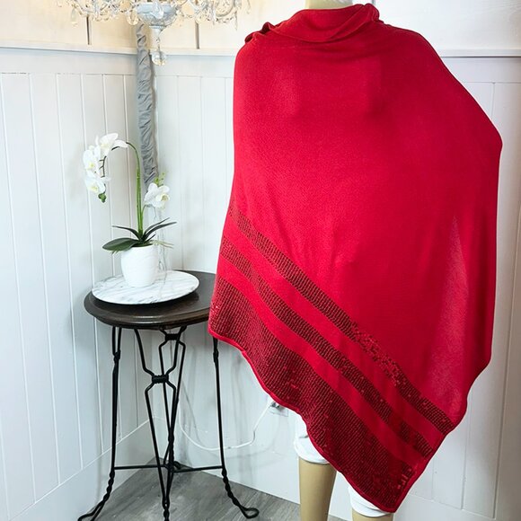Allison Daley Red Sequin trimmed Cowl Neck Poncho XL Holiday Christmas Party - Picture 6 of 10